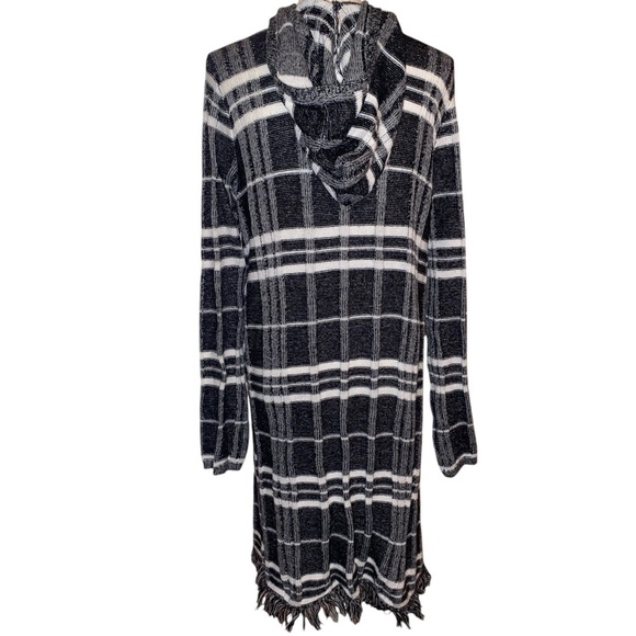 FADED GLORY Plaid Hooded Long Duster Fringed Cardigan BLK/WHT/GRY Size LG 12-14 - Picture 2 of 7